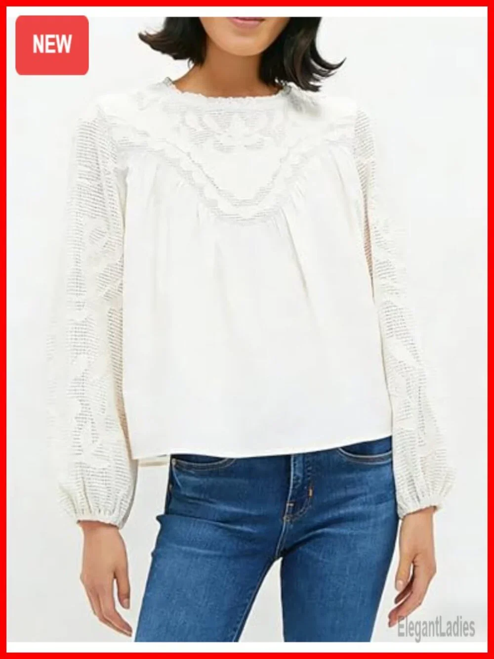 Women's Long Sleeve Lace Blouse Crew Neck Embroidered Mesh Shirt Flowy Babydoll